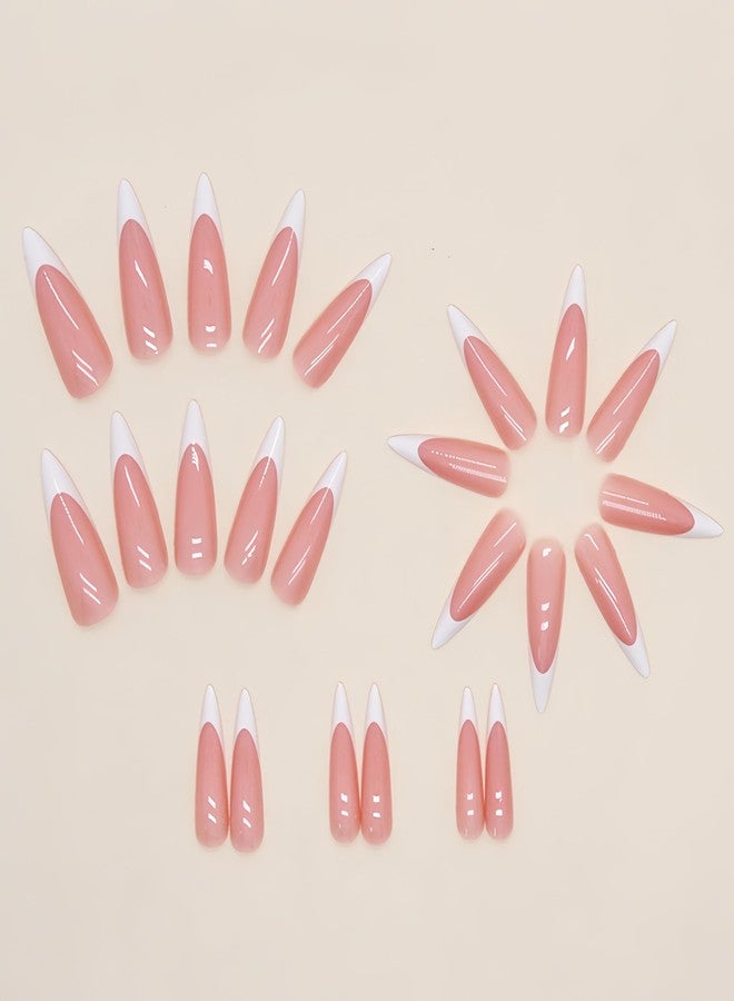 SHUXILIN White French Tip Press on Nails Long Stiletto Fake Nails Nude Pink Nails Press ons Nail Tips Stick on Nails Almond Shape Acrylic False Nails Glossy Full Cover Glue on Nails for Women DIY Manicure - Image 3